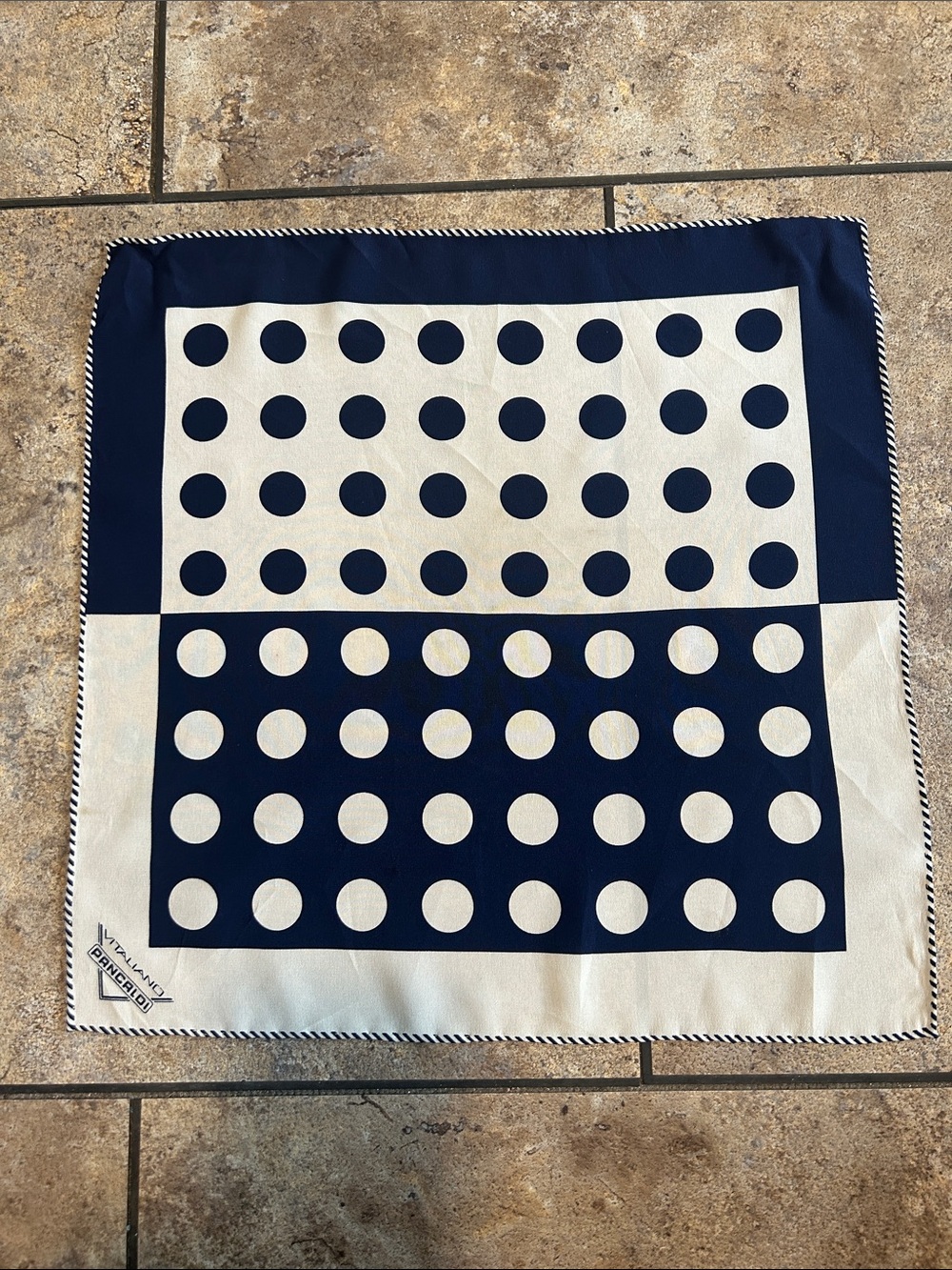 Vitaliano Pancaldi Navy and Cream Polka Dot Hand Rolled Silk Scarf